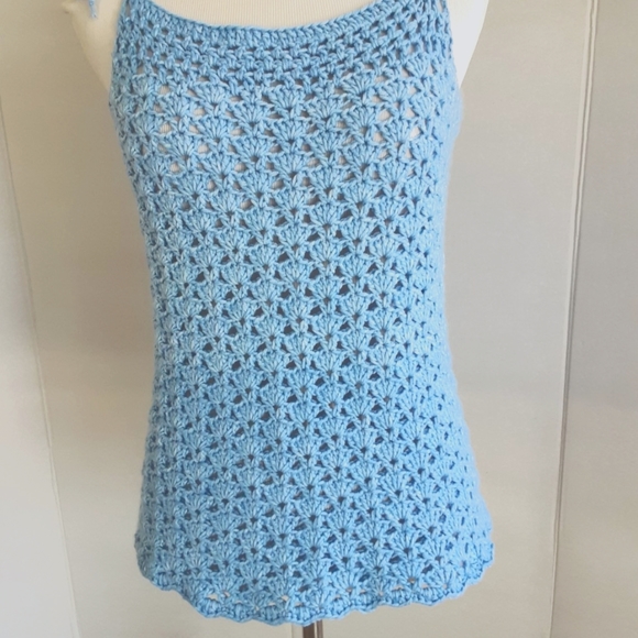 HANDMADE SKY BLUE SCALLOPED CROCHET TANK TOP SZ S/M - Picture 2 of 7